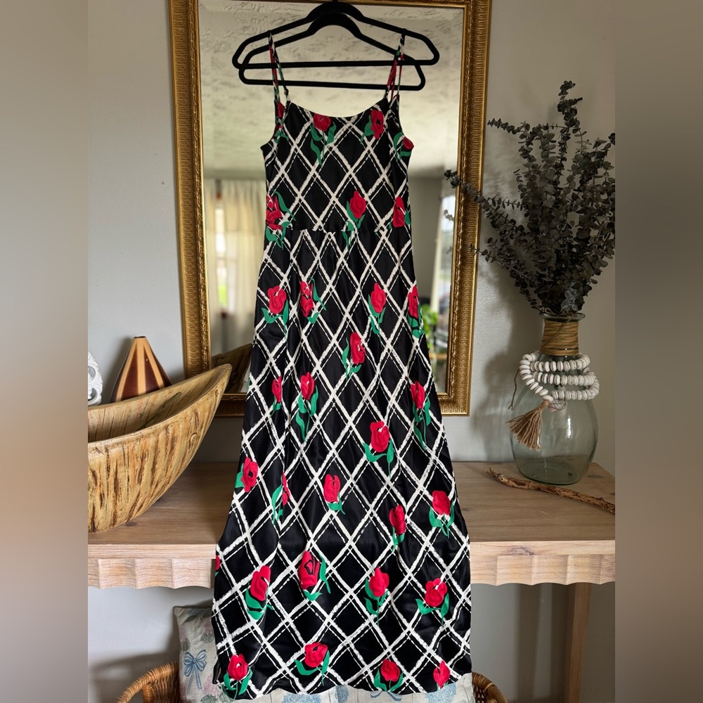 Anthropologie Floral Maxi Dress🌹Romantic Strappy Midi Black White Red Rose Print - Picture 7 of 9
